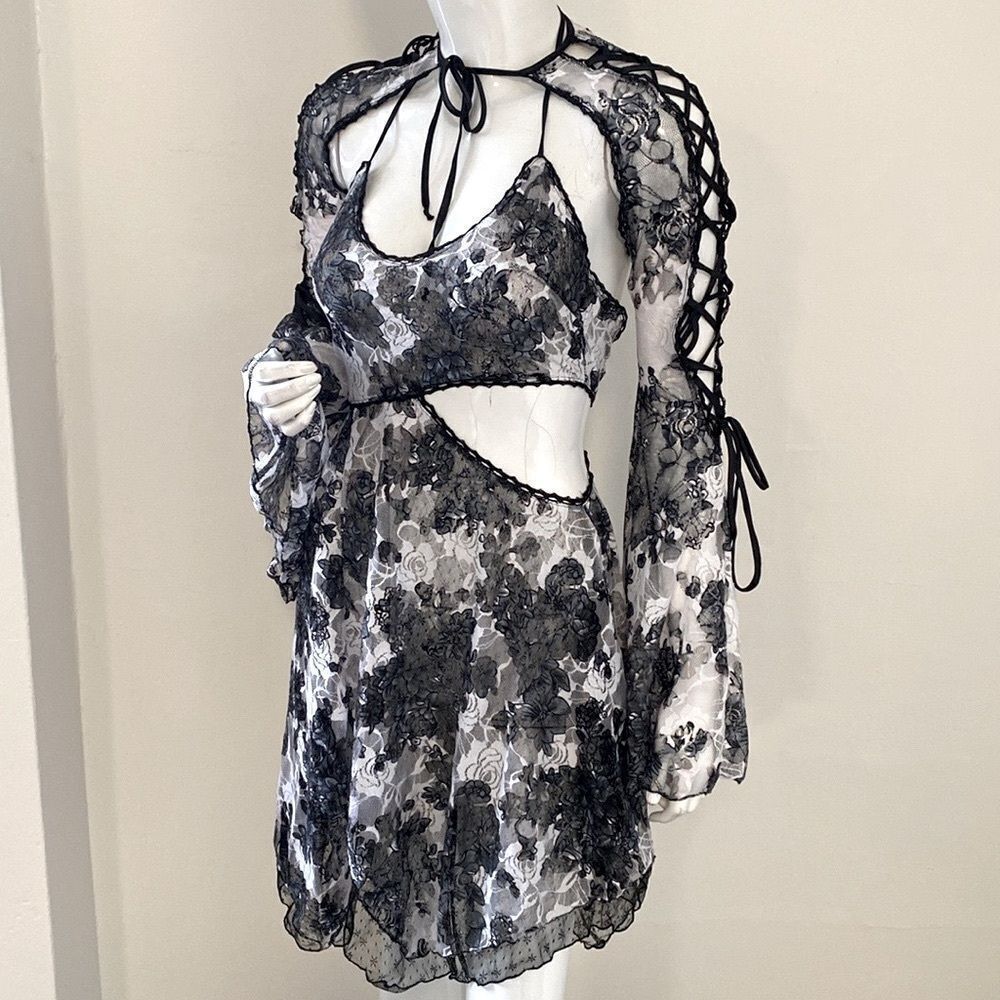 Dolls Kill Brand Current Mood Black & White Lace Long Sleeve Mini Dress w Cutout